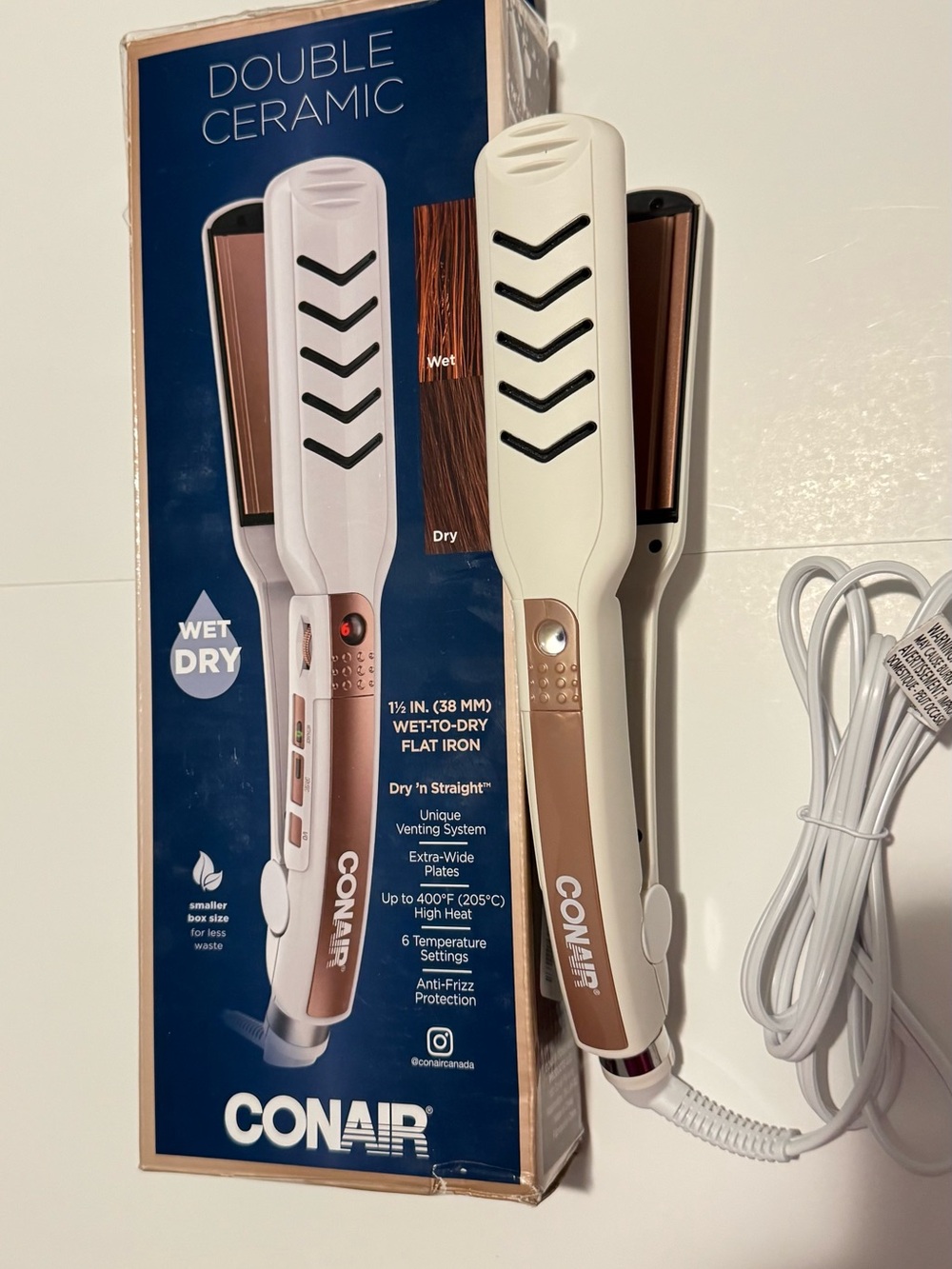 New - Double Ceramic Wet-to-Dry Flat Iron - White & Rose Gold